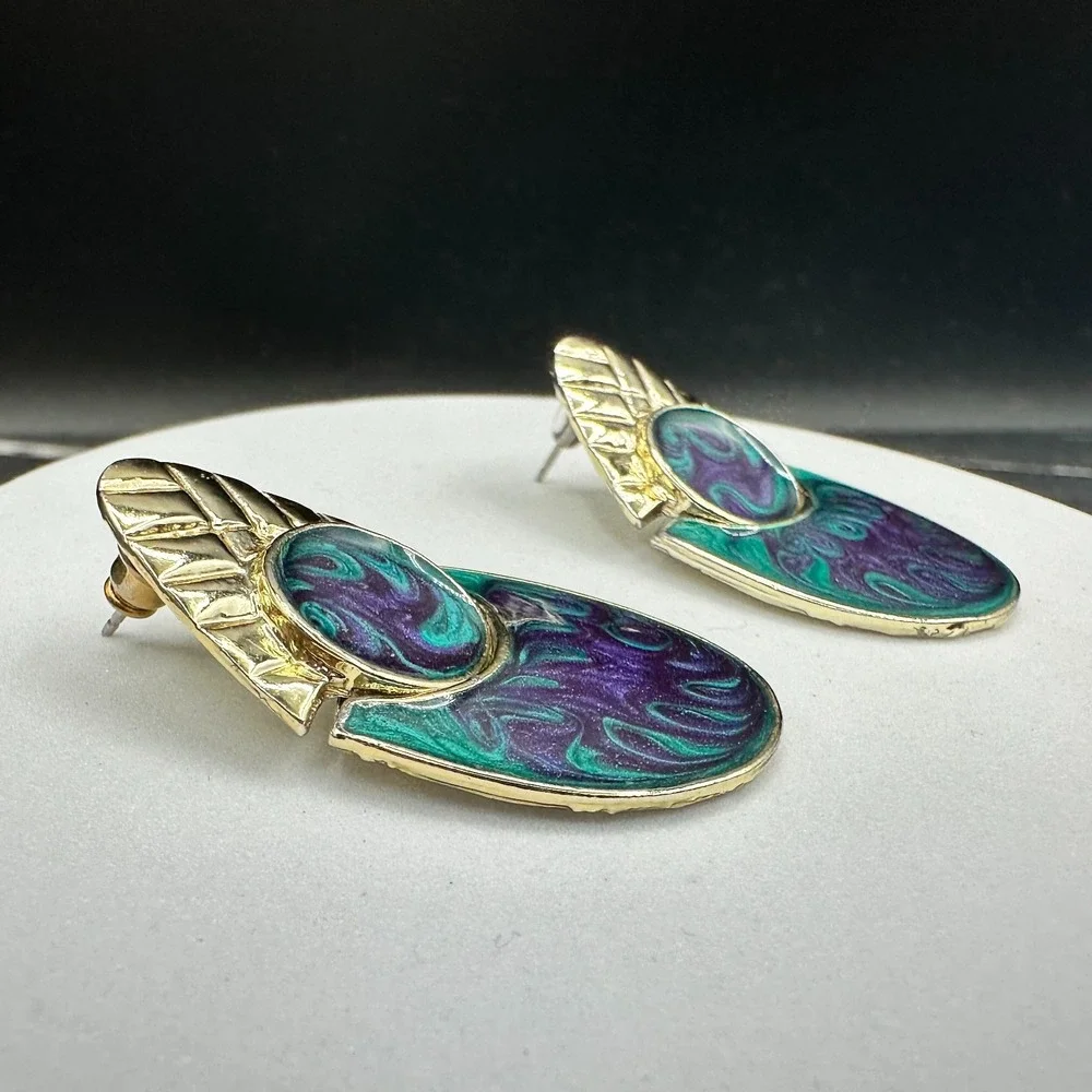 Vintage Abstract Enamel Drop Earrings Green Purple Gold Tone Modern Art Style